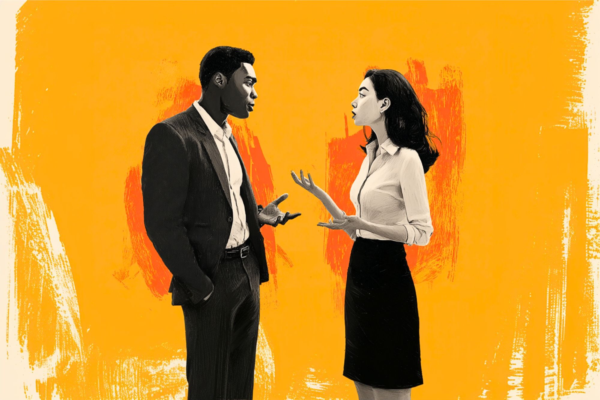 A man in a suit and a woman in business attire are standing and having a serious conversation against a bright orange, abstract background.