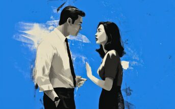A digital painting of a man and woman having an intense conversation against a bright blue background. The man wears a white shirt and tie, while the woman gestures with her hand, looking emotional.