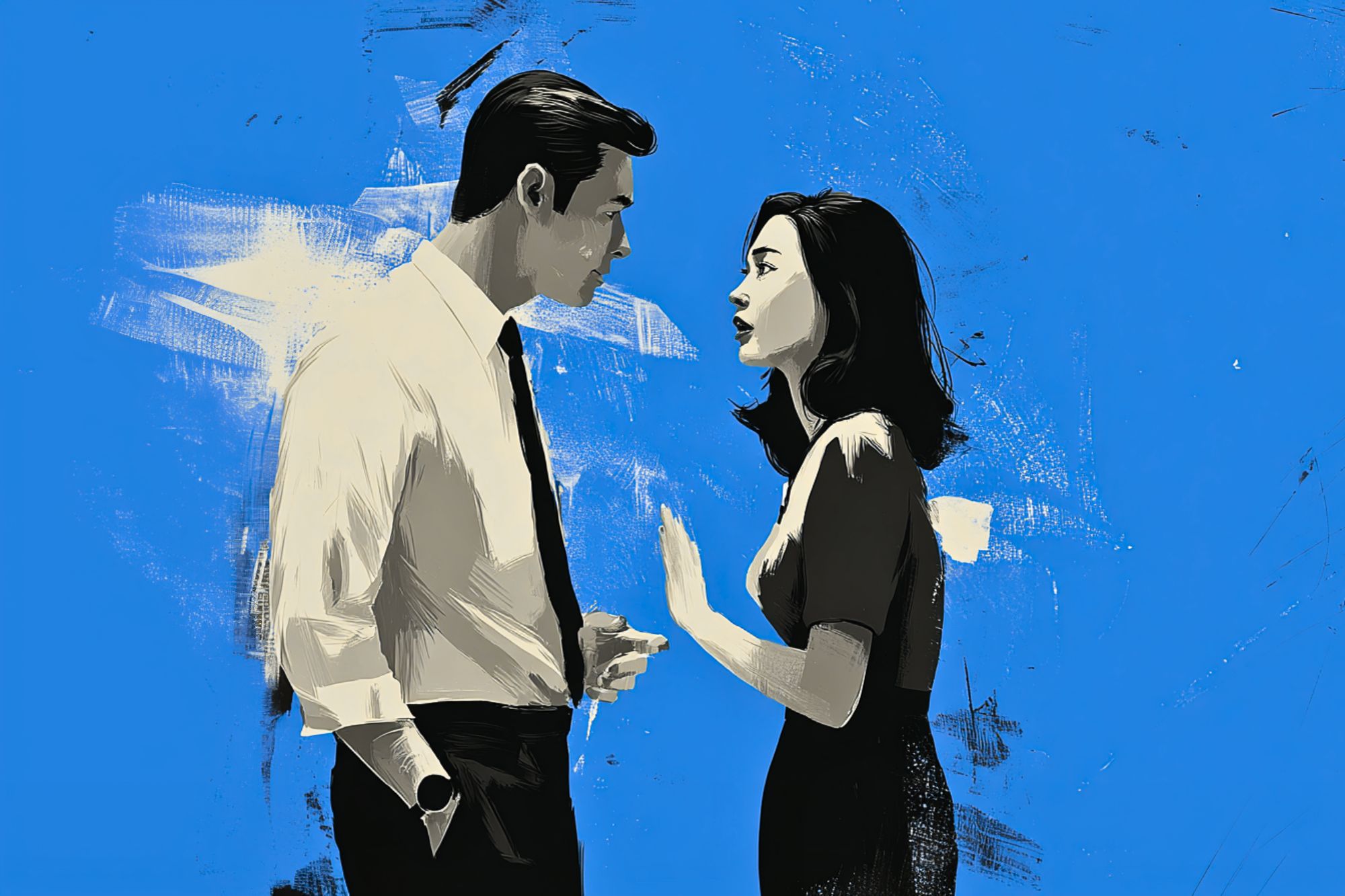 A digital painting of a man and woman having an intense conversation against a bright blue background. The man wears a white shirt and tie, while the woman gestures with her hand, looking emotional.