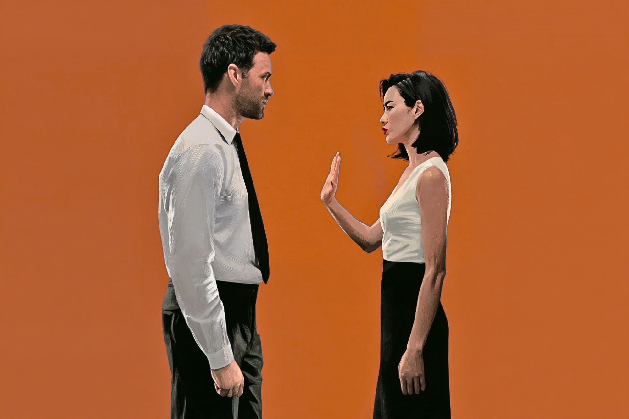A man in a shirt and tie faces a woman with short dark hair who is holding up her hand to stop him. Both stand against a plain orange background.