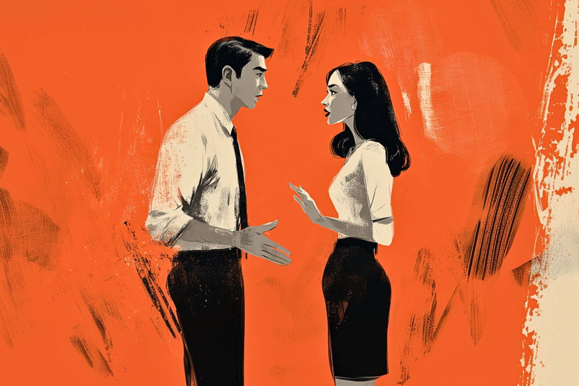 An illustrated man and woman in business attire face each other, appearing to have a serious conversation against an abstract orange background.
