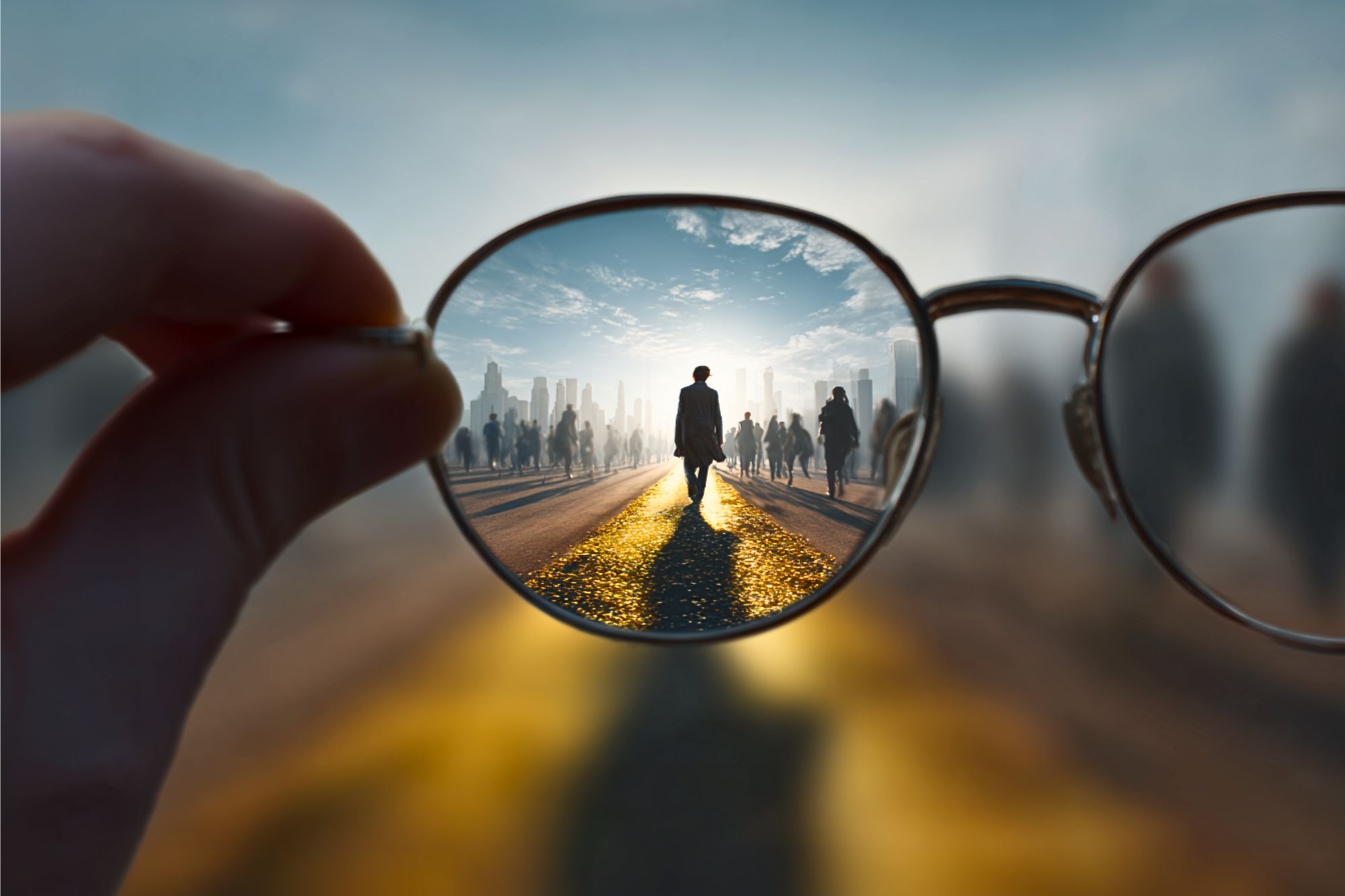 A hand holds eyeglasses with one lens focusing sharply on a person walking down a sunlit street, while the surrounding scene remains blurred and out of focus.