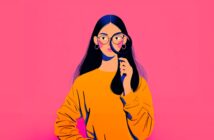 Illustration of a woman with long dark hair wearing glasses and a bright orange sweater, holding a magnifying glass to one eye, standing against a vibrant pink background.