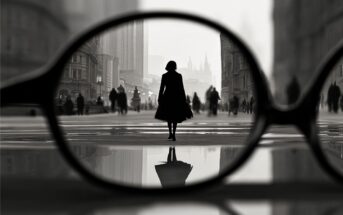 A woman stands on a city street, seen sharply in focus through eyeglasses lying on wet pavement, with blurred buildings and people in the background.