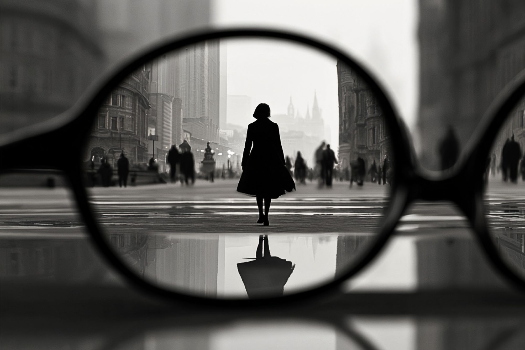 A woman stands on a city street, seen sharply in focus through eyeglasses lying on wet pavement, with blurred buildings and people in the background.