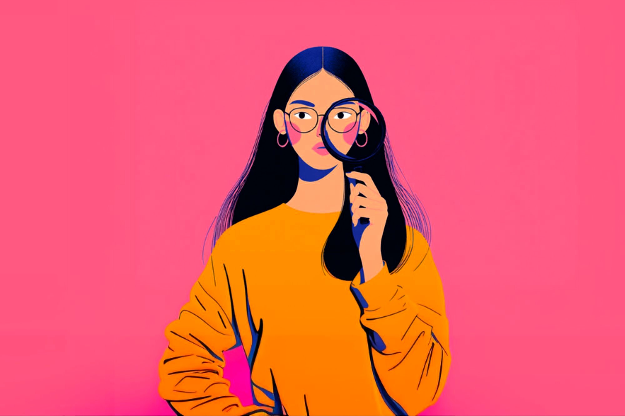 Illustration of a woman with long dark hair wearing glasses and a bright orange sweater, holding a magnifying glass to one eye, standing against a vibrant pink background.