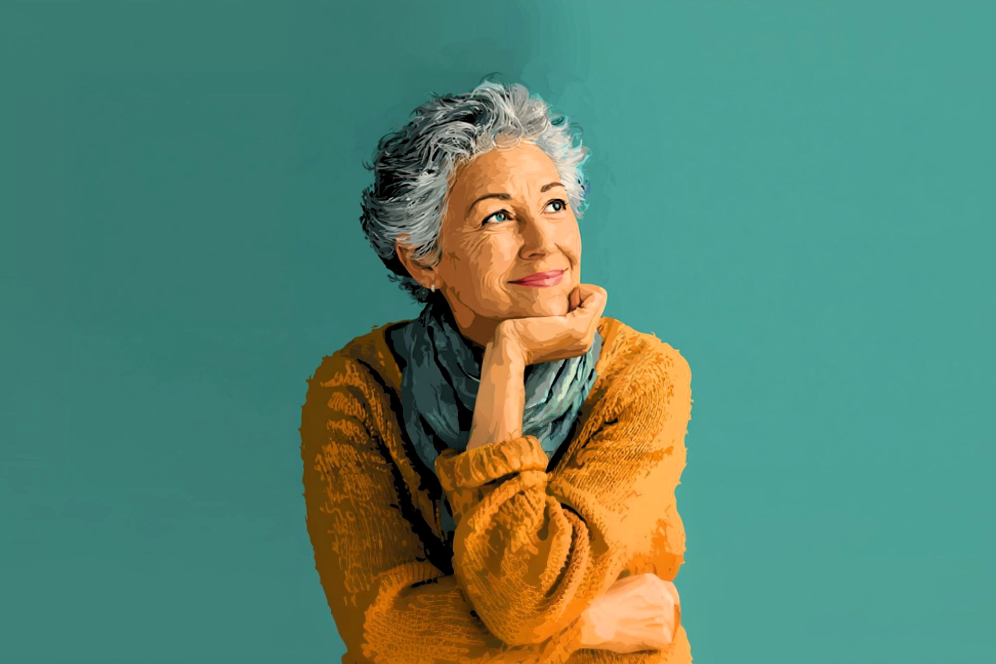 An older woman with short gray hair, wearing a mustard yellow sweater and a blue scarf, smiles thoughtfully while resting her chin on her hand against a teal background.