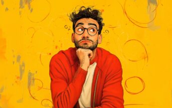 A man with curly hair, a beard, and glasses, wearing a red jacket over a white shirt, rests his chin on his hand and looks upward thoughtfully against a bright yellow background with abstract swirls.