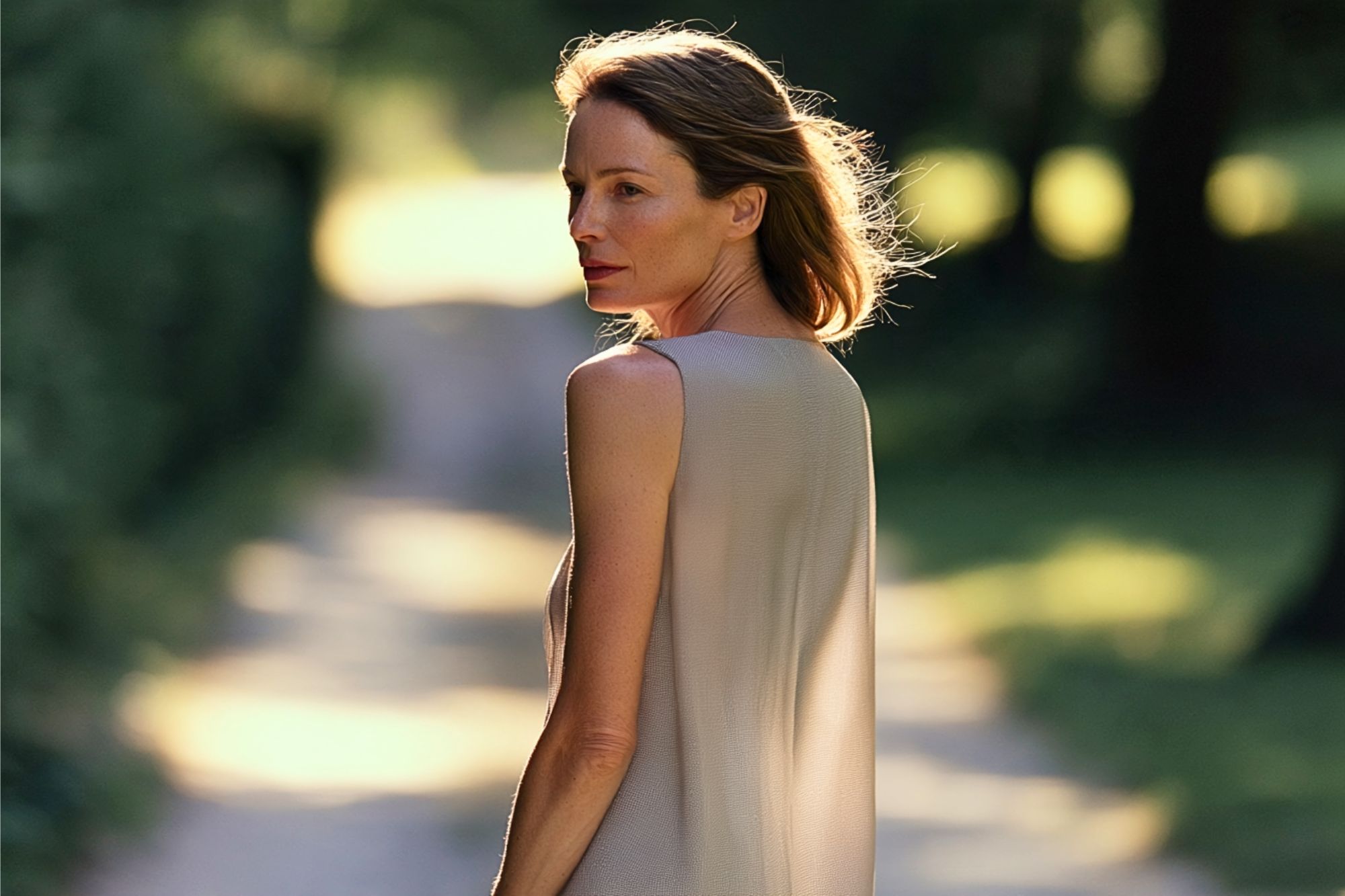A woman in a sleeveless dress stands on a sunlit path, looking back over her shoulder. The background is blurred with green trees and soft, natural light highlighting her hair.