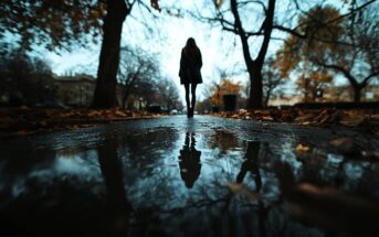 A person walks alone on a tree-lined path in autumn, with fallen leaves on the ground and a large puddle reflecting their silhouette under a cloudy sky.