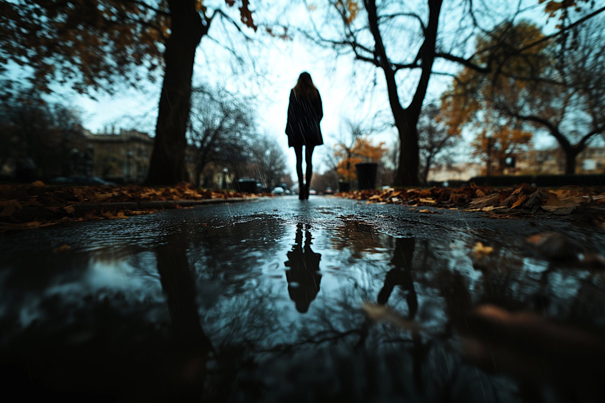 A person walks alone on a tree-lined path in autumn, with fallen leaves on the ground and a large puddle reflecting their silhouette under a cloudy sky.