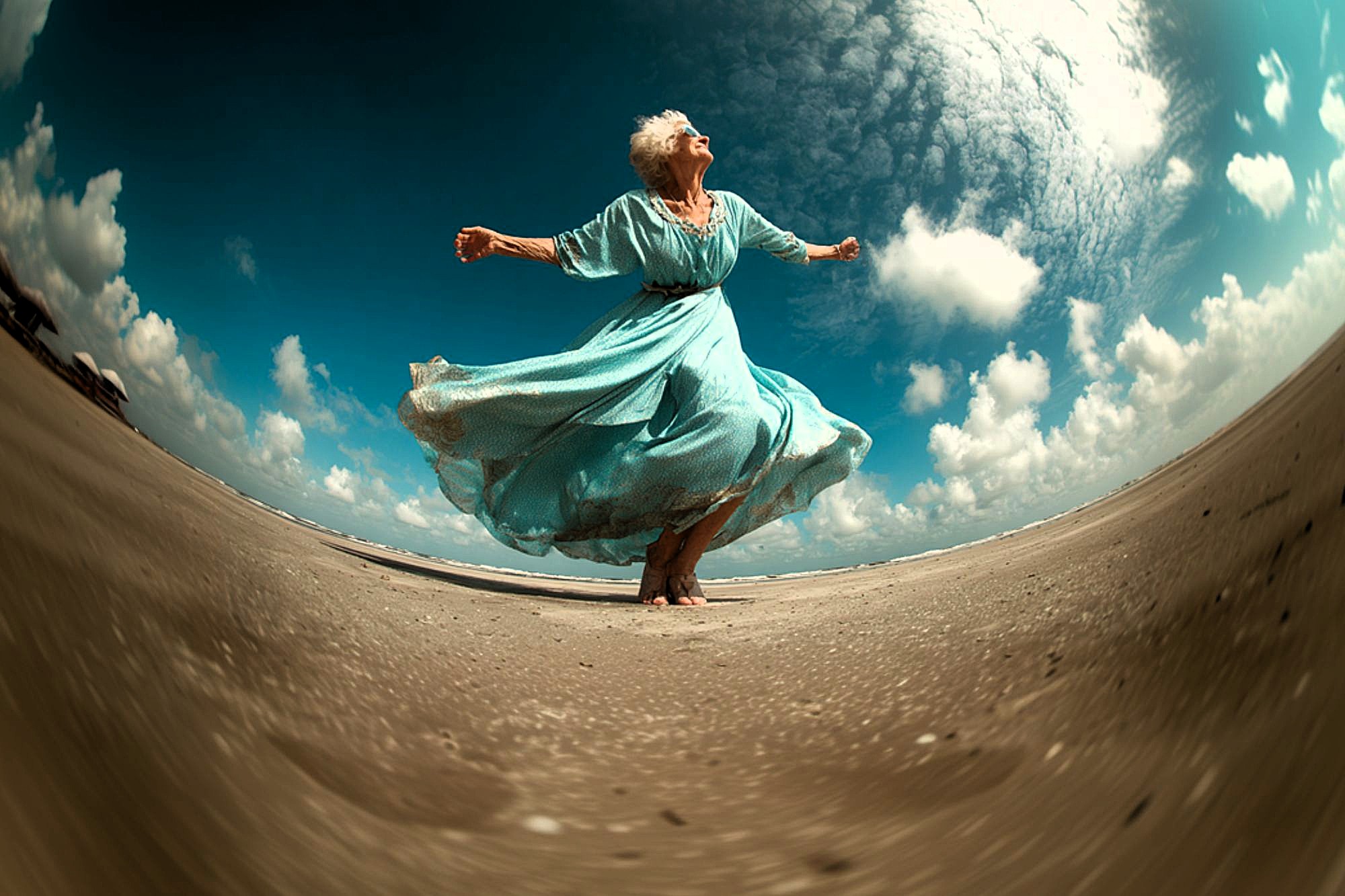 An older woman in a flowing blue dress joyfully dances barefoot on a sandy beach under a dramatic, cloudy sky, captured with a fisheye lens that curves the horizon.