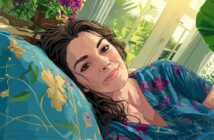 A woman with wavy brown hair lies on a floral pillow, smiling softly. She wears a blue shirt with flower patterns. Sunlight streams through nearby windows, and lush green plants and purple flowers fill the background.