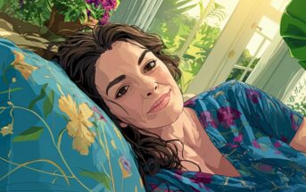 A woman with wavy brown hair lies on a floral pillow, smiling softly. She wears a blue shirt with flower patterns. Sunlight streams through nearby windows, and lush green plants and purple flowers fill the background.