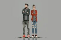 Illustration of a man and woman standing side by side with arms crossed, both looking serious. The man has a beard and wears casual clothes; the woman wears a red plaid shirt and ripped jeans. Both have red sneakers.