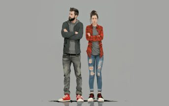 Illustration of a man and woman standing side by side with arms crossed, both looking serious. The man has a beard and wears casual clothes; the woman wears a red plaid shirt and ripped jeans. Both have red sneakers.