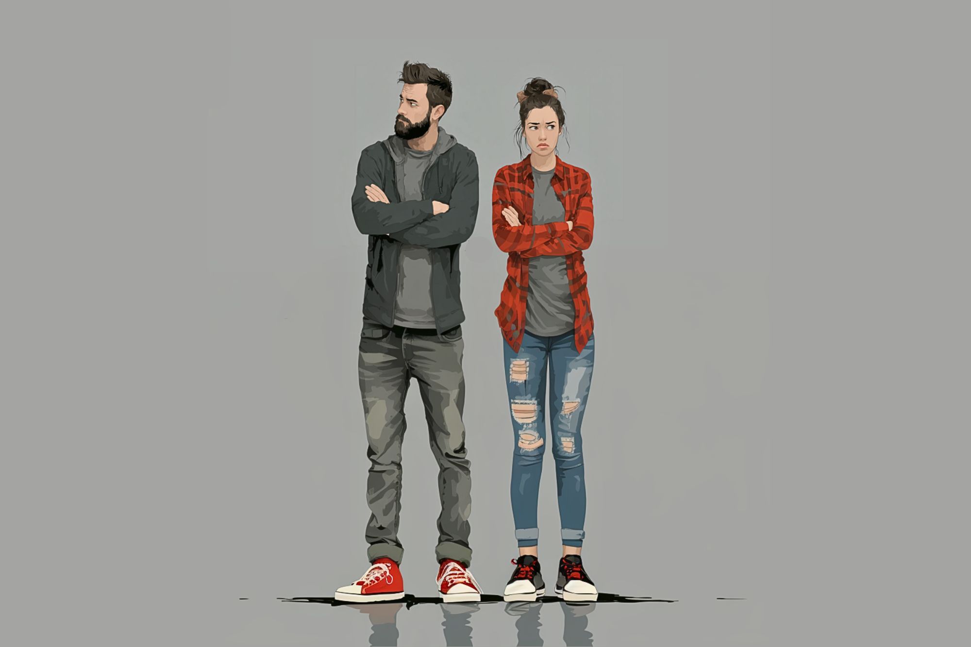 Illustration of a man and woman standing side by side with arms crossed, both looking serious. The man has a beard and wears casual clothes; the woman wears a red plaid shirt and ripped jeans. Both have red sneakers.