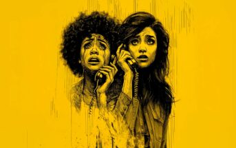 Two women with anxious expressions hold telephones to their ears. The illustration is sketched in black on a bright yellow background, with dramatic lines emphasizing their worried faces.