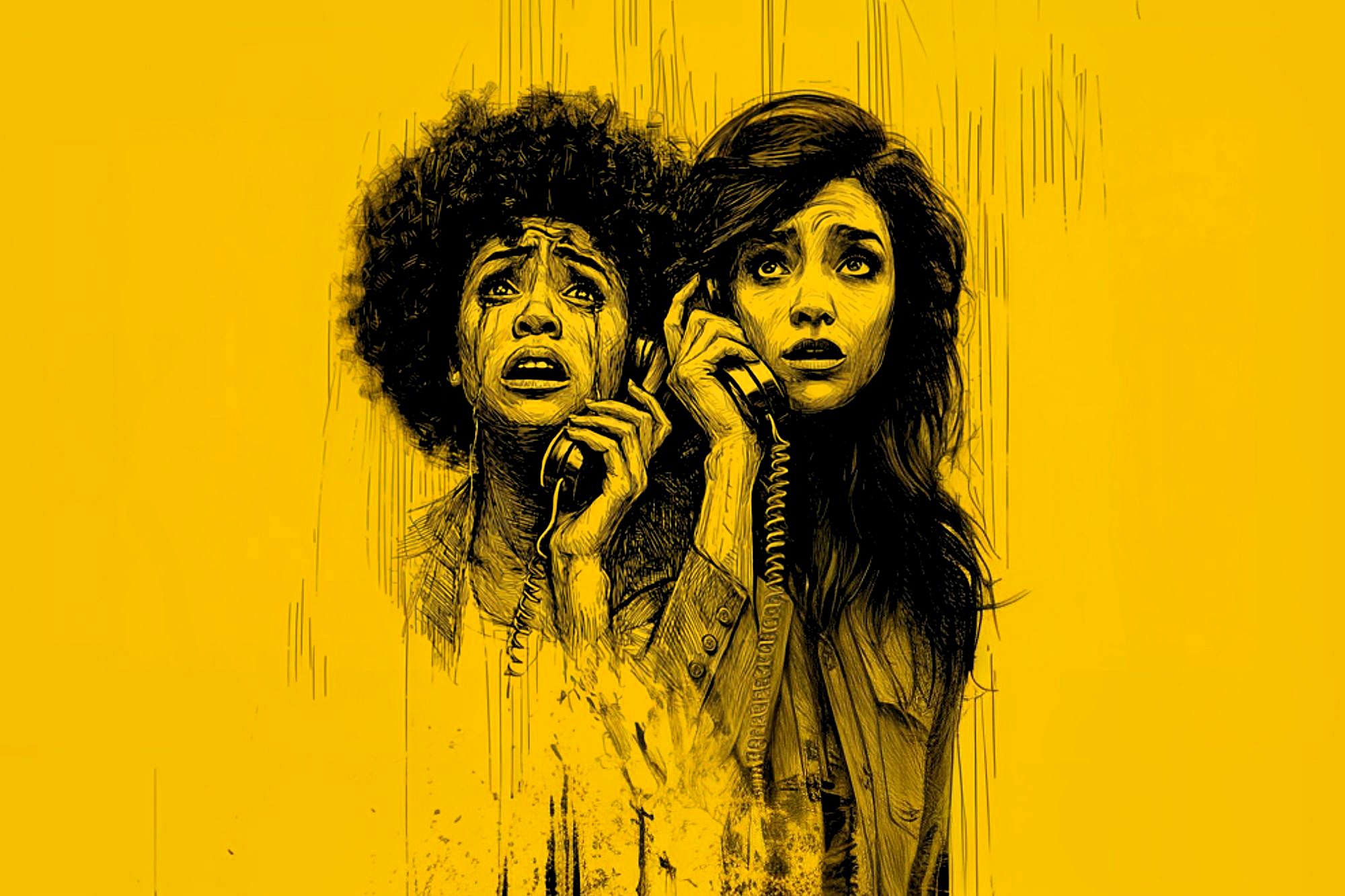 Two women with anxious expressions hold telephones to their ears. The illustration is sketched in black on a bright yellow background, with dramatic lines emphasizing their worried faces.