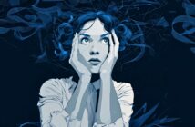 A stylized illustration of a worried woman holding her face with both hands, eyes wide open, surrounded by swirling abstract blue lines and shapes, conveying anxiety or stress.