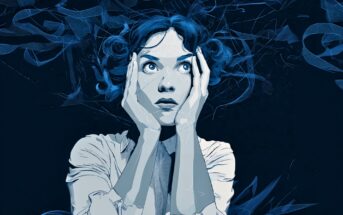 A stylized illustration of a worried woman holding her face with both hands, eyes wide open, surrounded by swirling abstract blue lines and shapes, conveying anxiety or stress.