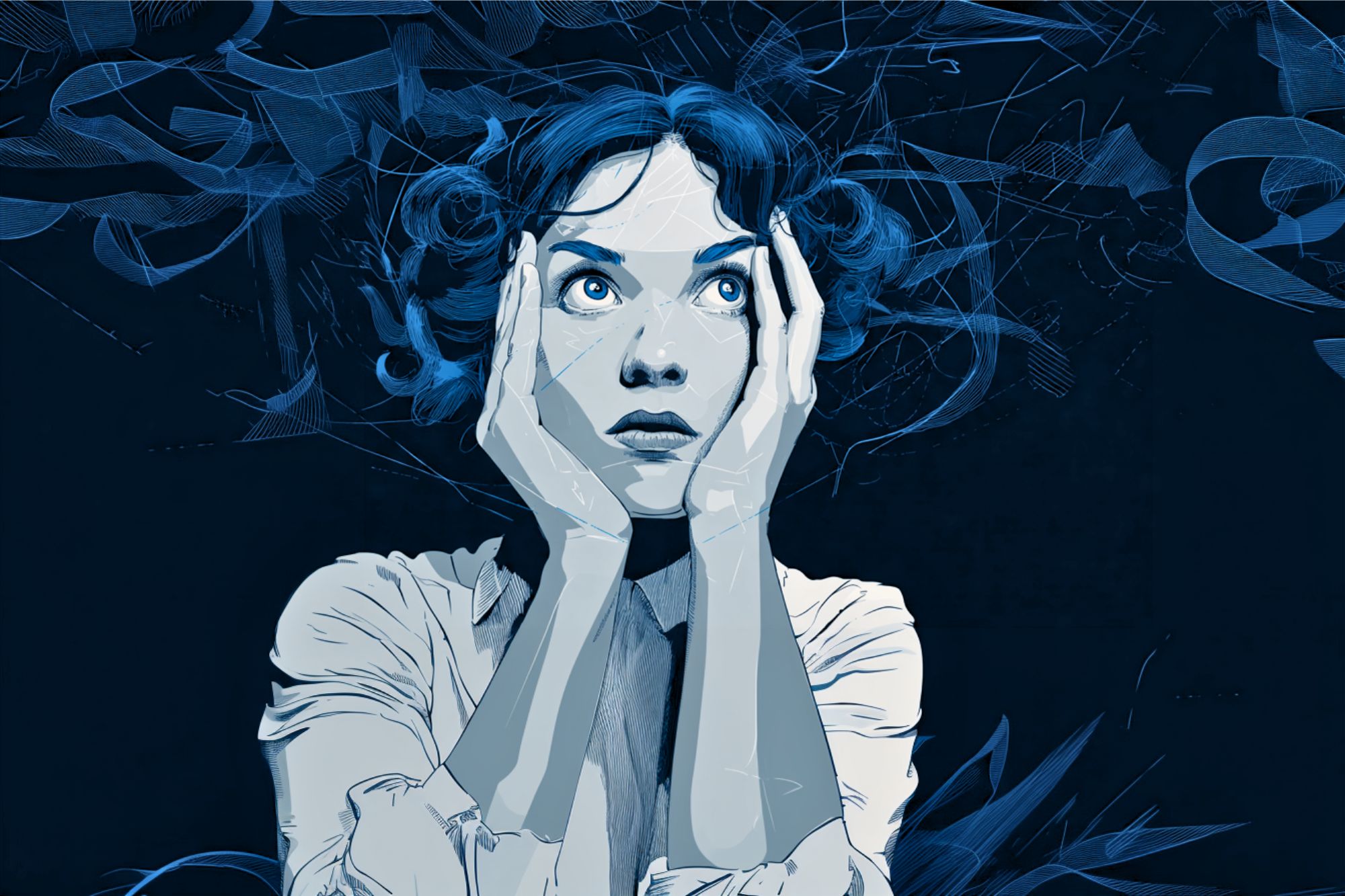 A stylized illustration of a worried woman holding her face with both hands, eyes wide open, surrounded by swirling abstract blue lines and shapes, conveying anxiety or stress.