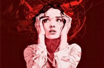 A digital illustration of a distressed woman holding her head, with a fearful expression. Red chaotic lines swirl around her head, suggesting anxiety or overwhelming thoughts. The background is deep red, intensifying the emotional mood.