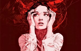 A digital illustration of a distressed woman holding her head, with a fearful expression. Red chaotic lines swirl around her head, suggesting anxiety or overwhelming thoughts. The background is deep red, intensifying the emotional mood.