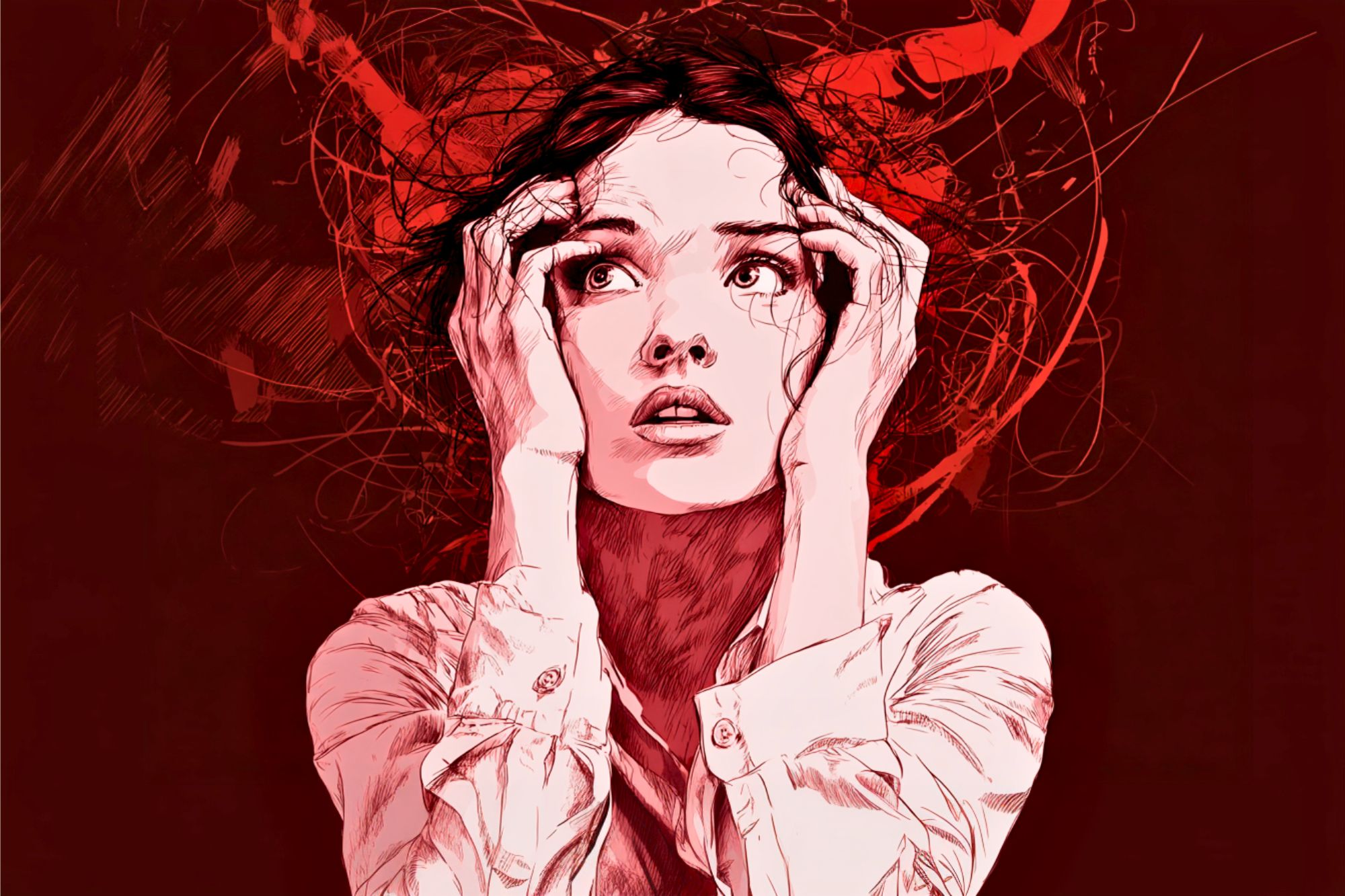 A digital illustration of a distressed woman holding her head, with a fearful expression. Red chaotic lines swirl around her head, suggesting anxiety or overwhelming thoughts. The background is deep red, intensifying the emotional mood.