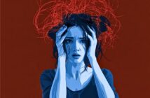 A blue-toned woman holds her head with both hands, looking distressed. Red, chaotic lines swirl above her head against a dark red background, symbolizing anxiety or mental turmoil.