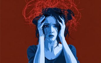 A blue-toned woman holds her head with both hands, looking distressed. Red, chaotic lines swirl above her head against a dark red background, symbolizing anxiety or mental turmoil.