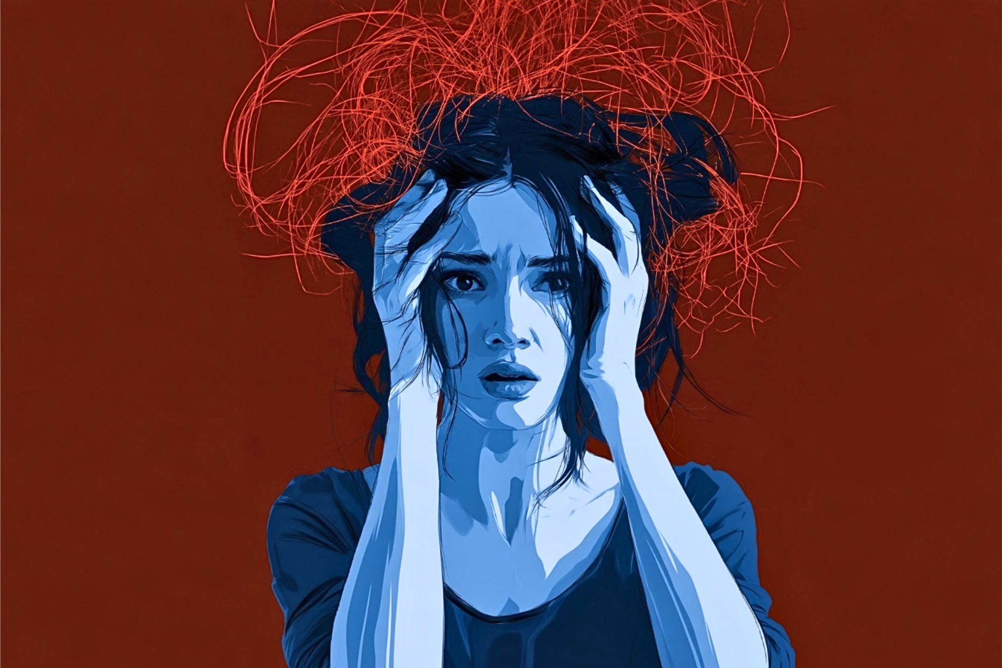 A blue-toned woman holds her head with both hands, looking distressed. Red, chaotic lines swirl above her head against a dark red background, symbolizing anxiety or mental turmoil.