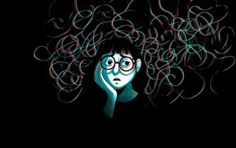 A person with glasses rests their face on their hand, looking thoughtful or worried. Their hair is depicted as chaotic, colorful lines swirling above their head against a black background.