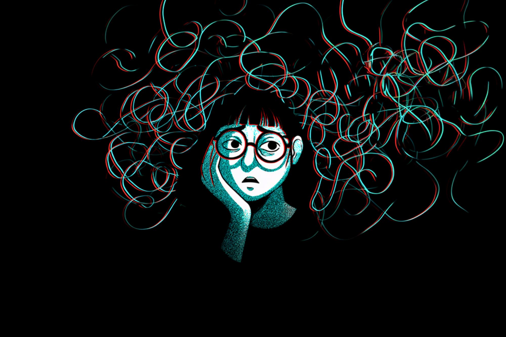 A person with glasses rests their face on their hand, looking thoughtful or worried. Their hair is depicted as chaotic, colorful lines swirling above their head against a black background.