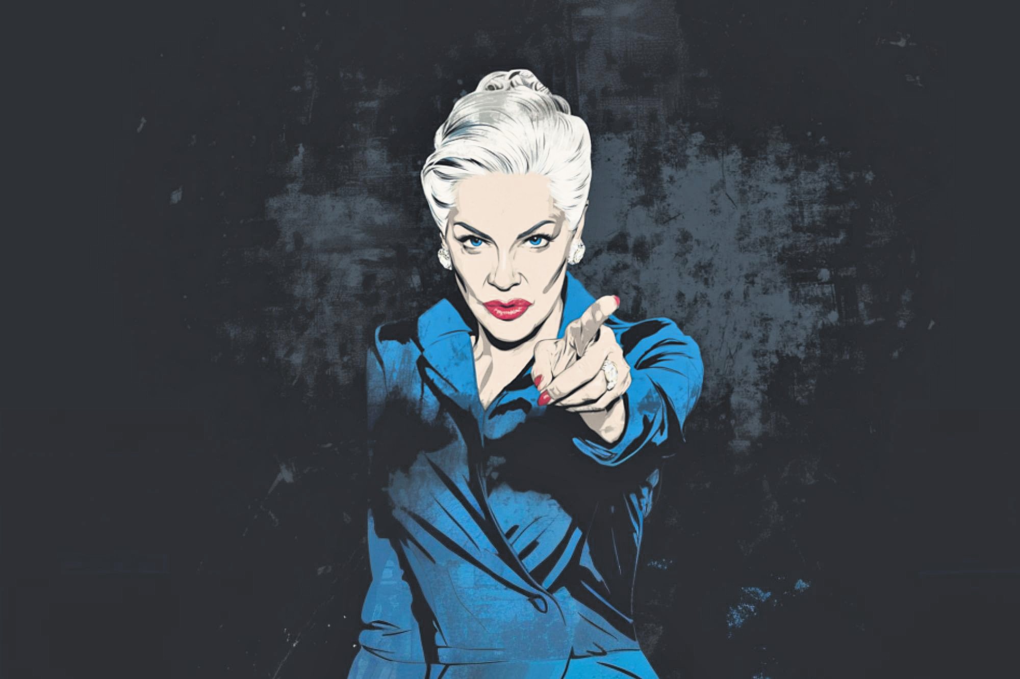 Illustration of a woman with white hair styled back, wearing a blue suit, pointing directly at the viewer with a stern expression. The background is dark and textured.