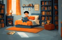 A cheerful child sits on a bed reading a book in a cozy, sunlit bedroom filled with shelves of books, orange accents, a teddy bear on an ottoman, and a rug on the floor.
