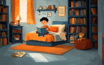 A cheerful child sits on a bed reading a book in a cozy, sunlit bedroom filled with shelves of books, orange accents, a teddy bear on an ottoman, and a rug on the floor.