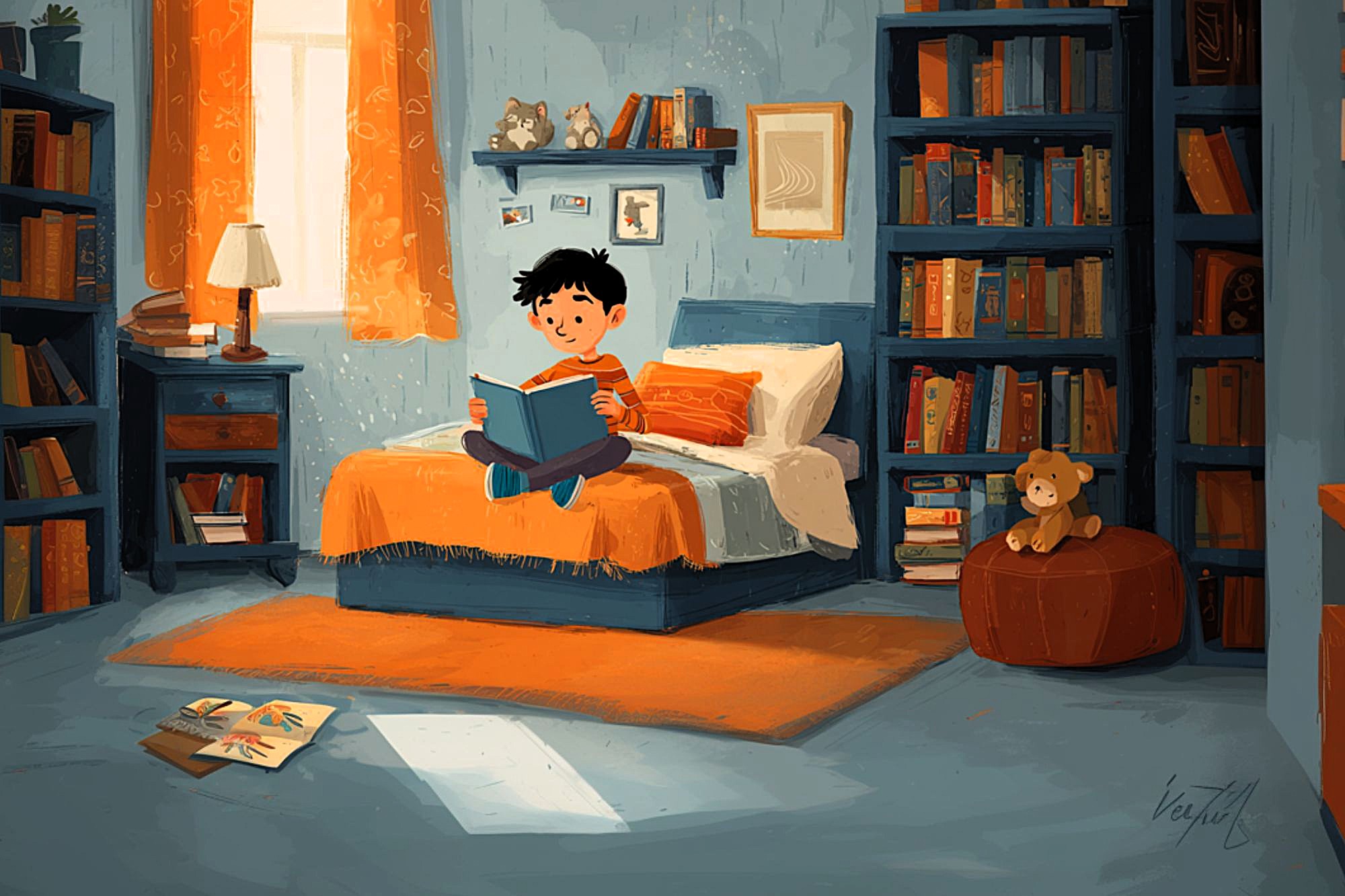 A cheerful child sits on a bed reading a book in a cozy, sunlit bedroom filled with shelves of books, orange accents, a teddy bear on an ottoman, and a rug on the floor.