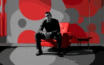A man in dark clothing sits on a red armchair in a modern room with bold red and gray circular patterns on the wall. He is leaning forward with clasped hands, and a small side table is next to him.