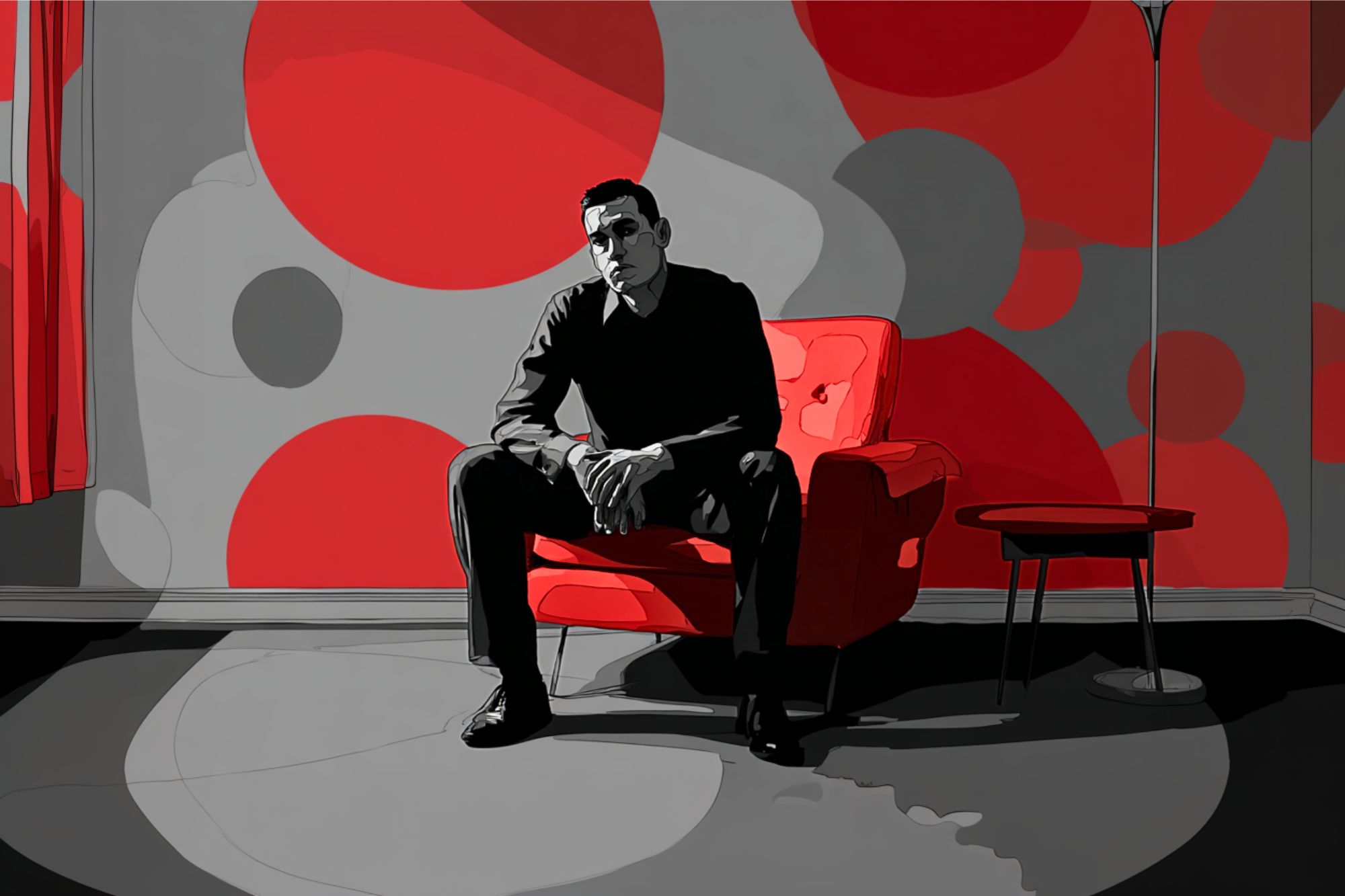A man in dark clothing sits on a red armchair in a modern room with bold red and gray circular patterns on the wall. He is leaning forward with clasped hands, and a small side table is next to him.