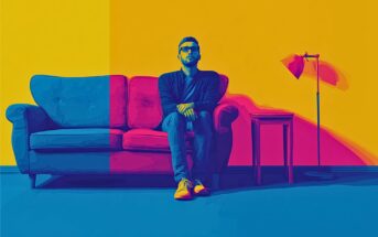 A man in sunglasses sits on a colorful couch, with a small table and a standing lamp beside him. The image uses bold, vibrant colors, dividing the background between yellow and blue tones for a striking effect.