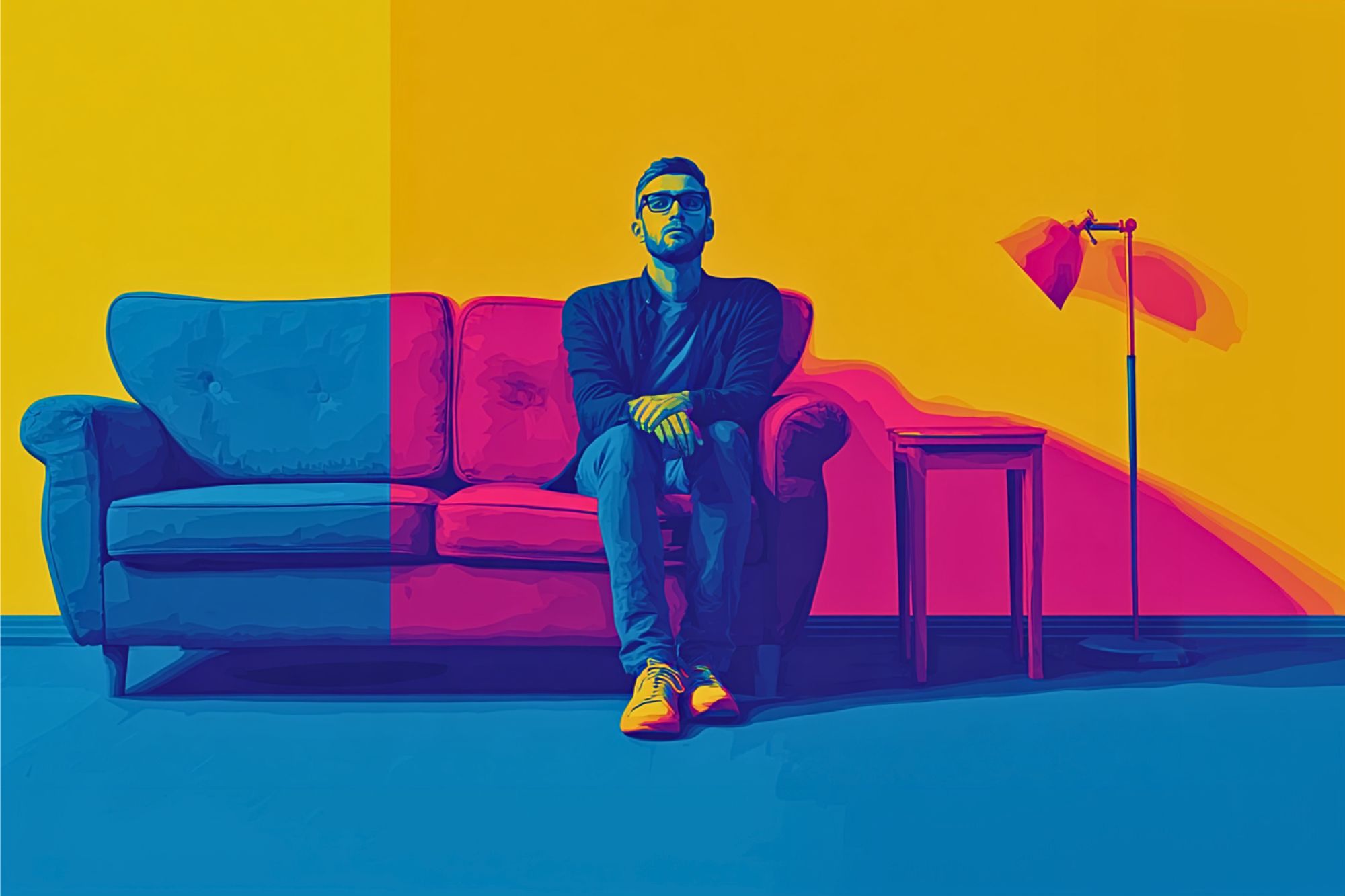 A man in sunglasses sits on a colorful couch, with a small table and a standing lamp beside him. The image uses bold, vibrant colors, dividing the background between yellow and blue tones for a striking effect.