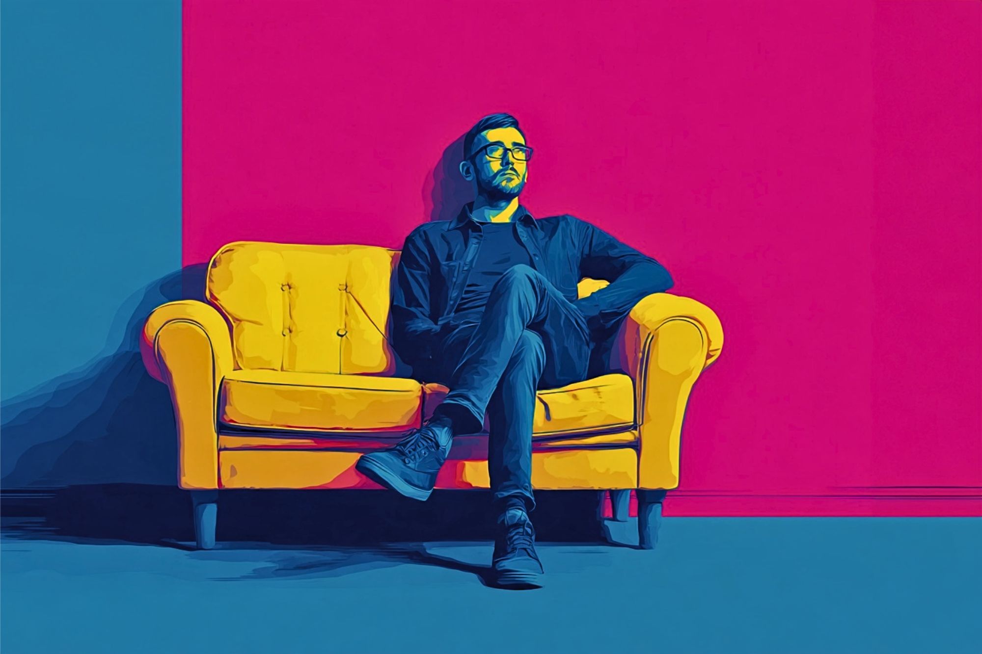 A man wearing glasses sits cross-legged on a yellow couch against a vibrant blue and pink background.