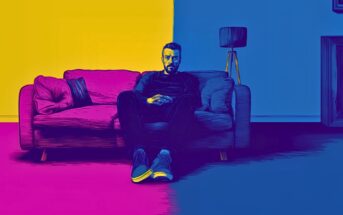 A man sits on a sofa in a room divided by bold colors: yellow on the left, blue on the right, and pink on the floor. The image has a stylized, high-contrast, graphic art effect.