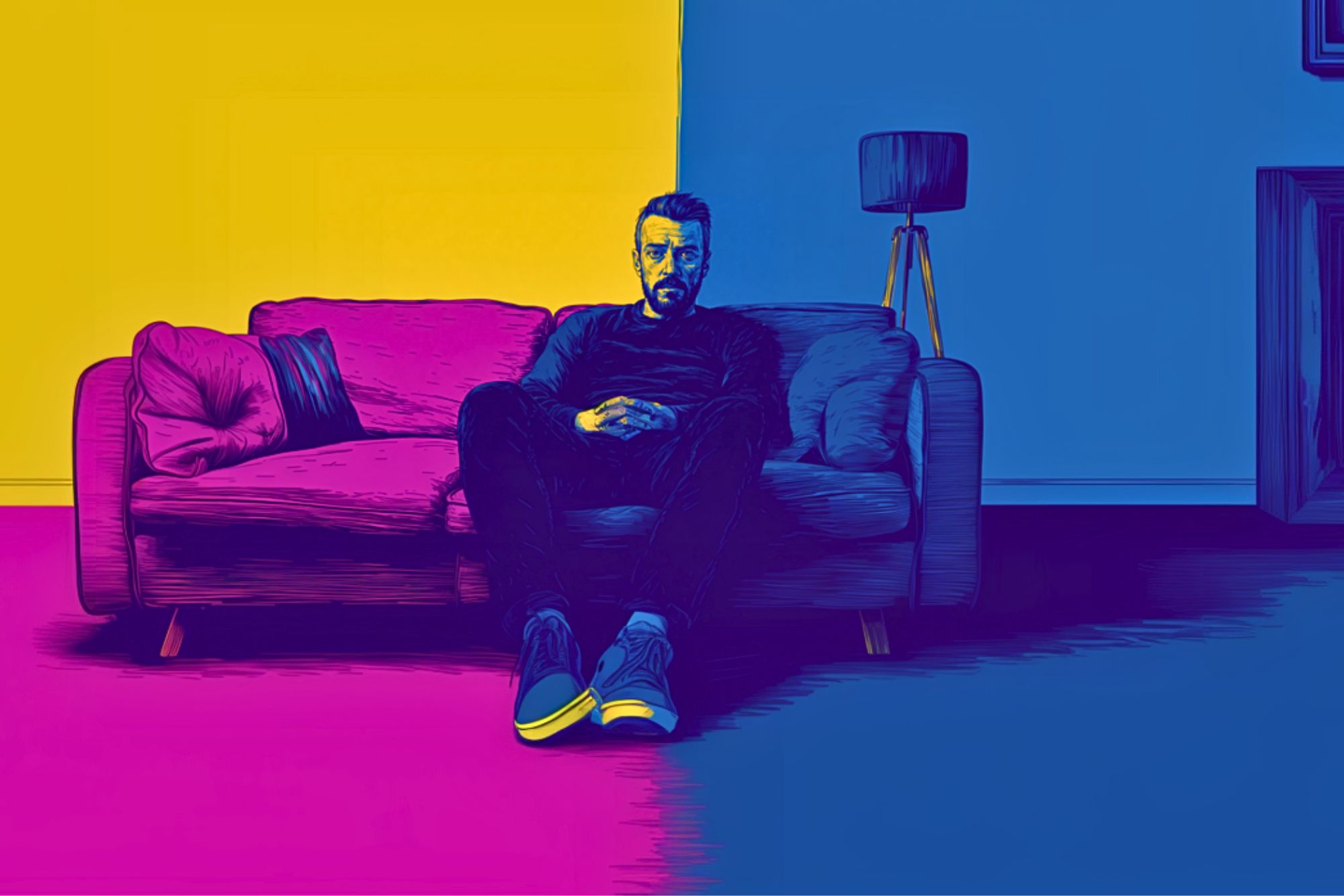 A man sits on a sofa in a room divided by bold colors: yellow on the left, blue on the right, and pink on the floor. The image has a stylized, high-contrast, graphic art effect.