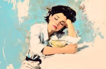 A woman with short dark hair, wearing a white shirt, sits with her head resting on her hand and eyes closed, holding a cup. The background is a soft blend of blue and beige, creating a peaceful, dreamy mood.