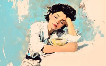 A woman with short dark hair, wearing a white shirt, sits with her head resting on her hand and eyes closed, holding a cup. The background is a soft blend of blue and beige, creating a peaceful, dreamy mood.