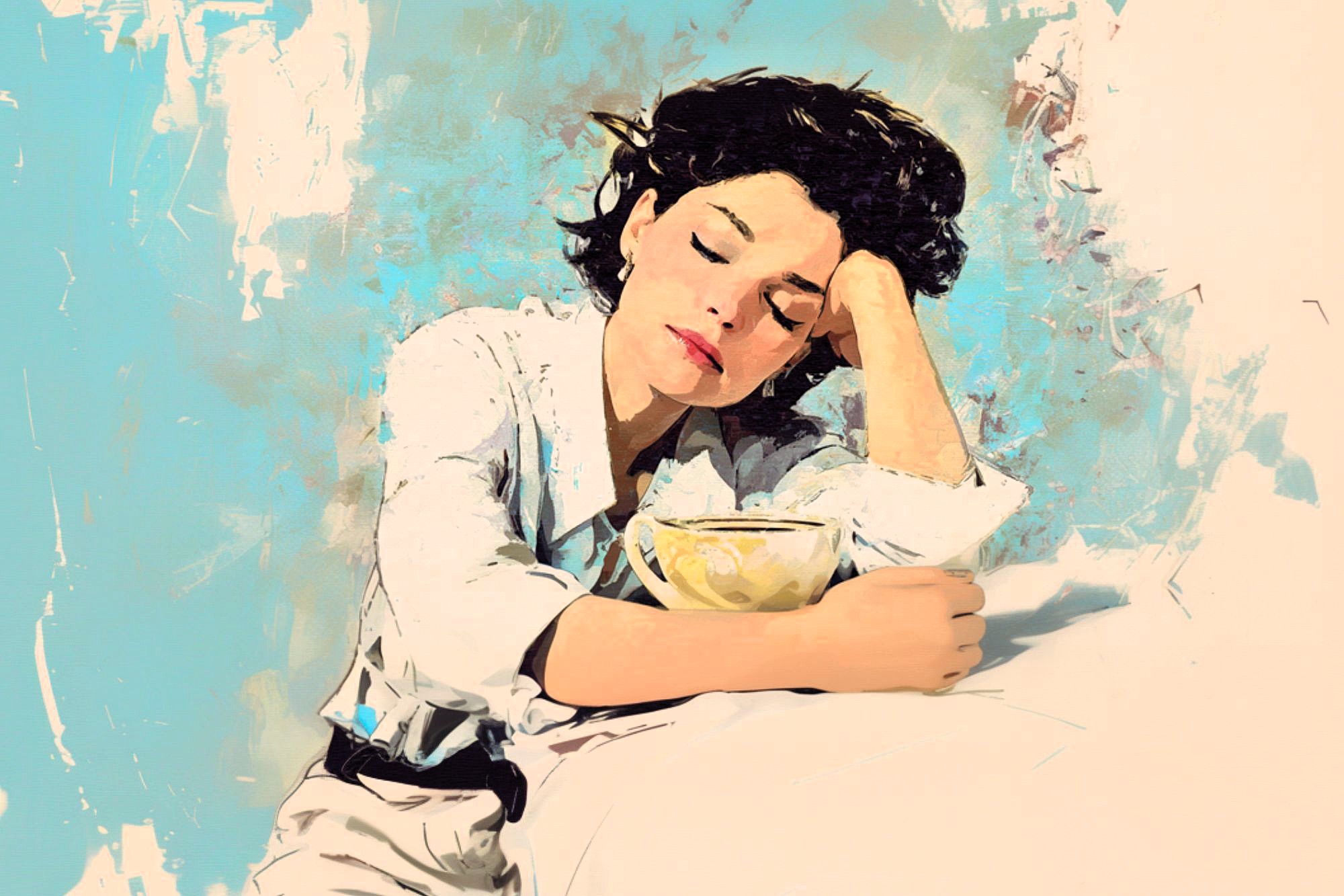 A woman with short dark hair, wearing a white shirt, sits with her head resting on her hand and eyes closed, holding a cup. The background is a soft blend of blue and beige, creating a peaceful, dreamy mood.