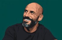 Illustration of a smiling bald man with a full beard and mustache, wearing a black shirt, looking slightly to the left against a dark green background.