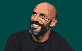 Illustration of a smiling bald man with a full beard and mustache, wearing a black shirt, looking slightly to the left against a dark green background.
